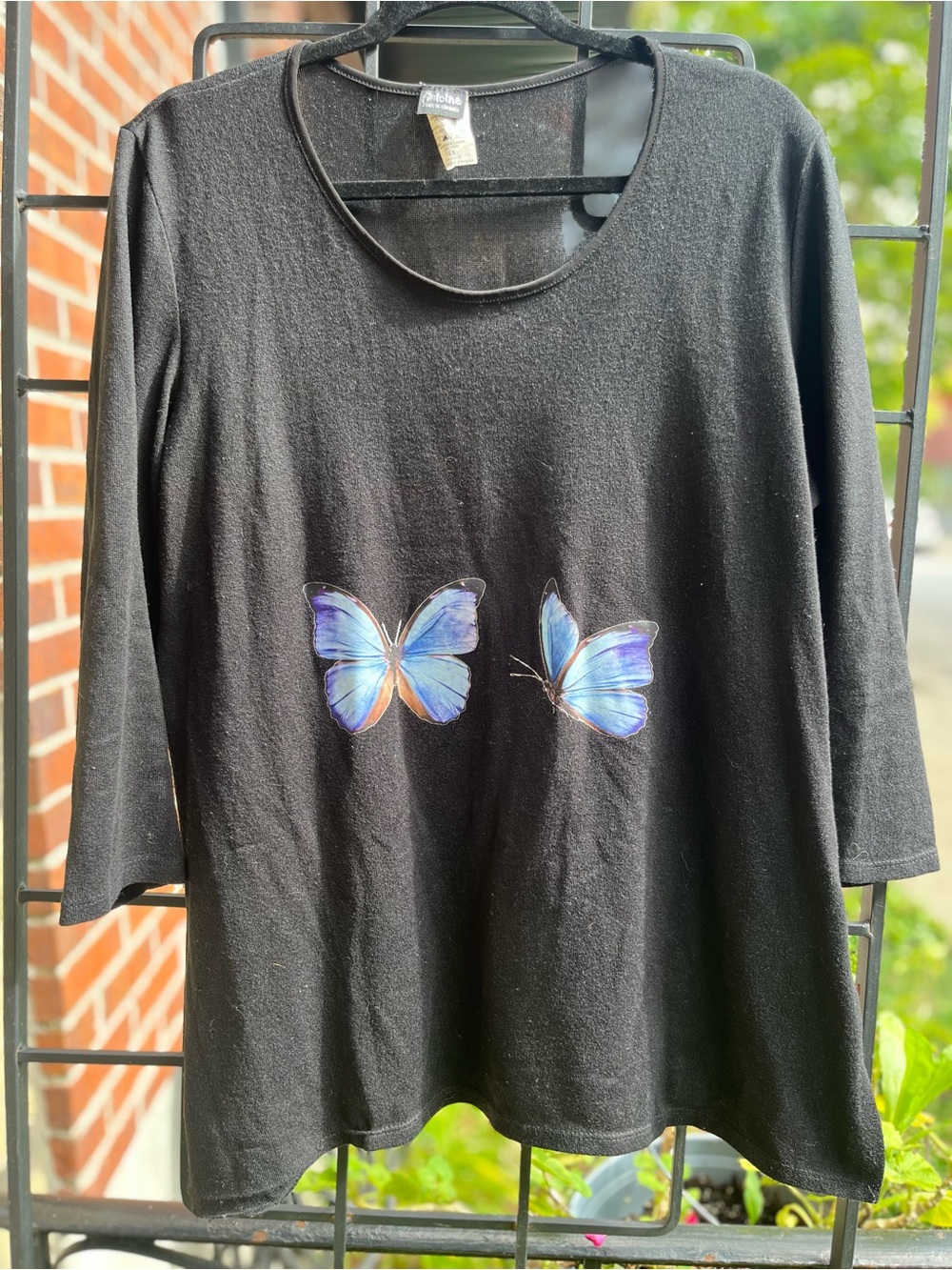 Black Long-Sleeve Women's Top with Blue Butterfly Motif - Unknown Brand